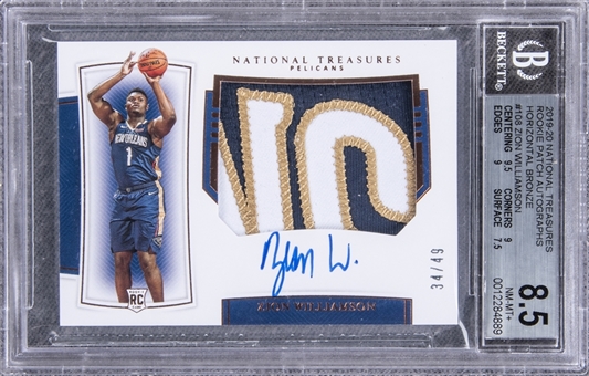 2019-20 National Treasures Horizontal Bronze #108 Zion Williamson Signed Rookie Patch Card (#34/49) – BGS NM-MT+ 8.5/BGS 10